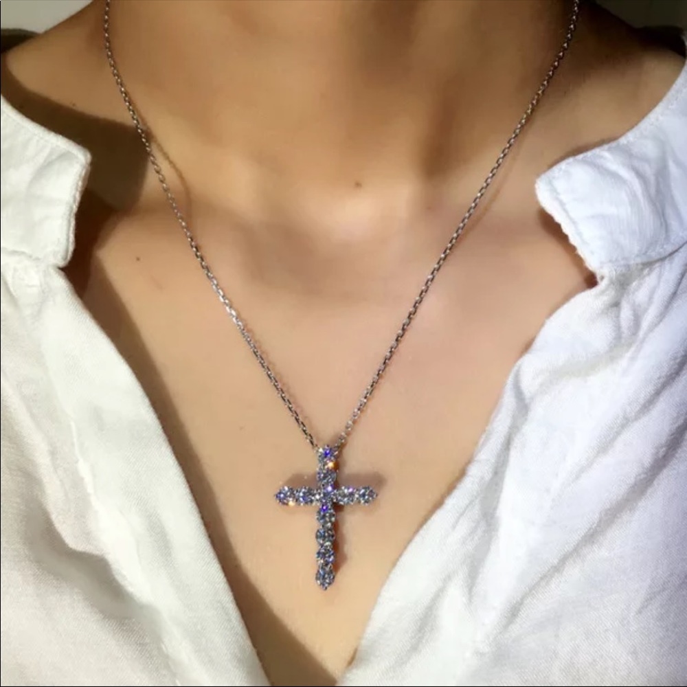 New Women Men 925 Silver Diamond Cross Necklace - Picture 2 of 5